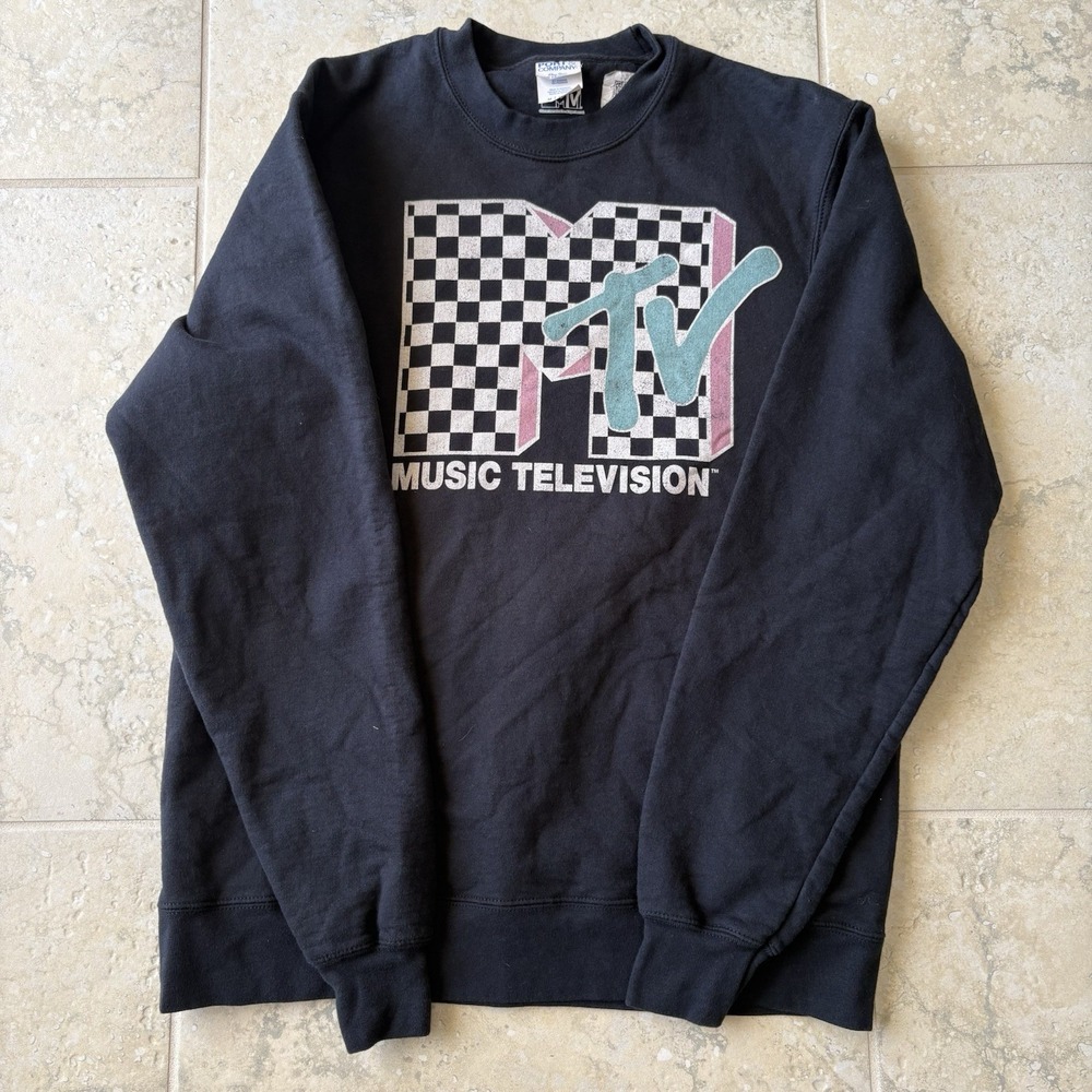MTV Music Television Sweater Mens Medium Black Crewneck Graphic Pullover Logo